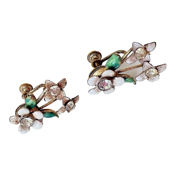 Vintage Jewelry - Vintage Flower Rhinestone Pink Flower Screwback Pierceless Statement Earrings